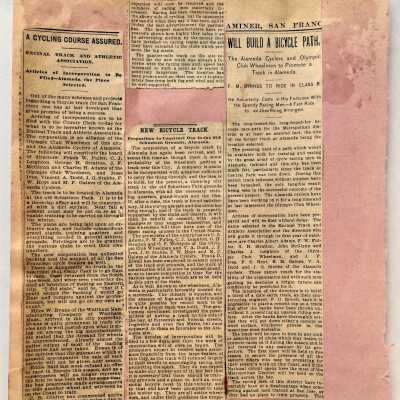 Scrapbook page with clippings about a bicycle track at Schuetzen Park, c. 1880s