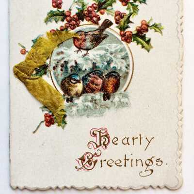 'Hearty Greetings' New Year's card with birds and holly, c. 1900