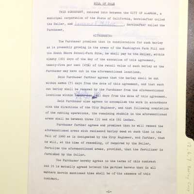 Contract to buy, harvest, and reseed barley from two fill sites, 1960