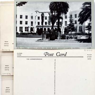 Photolithographic postcard depicting 'Hotel Alameda' from Central Ave, c. 1940s