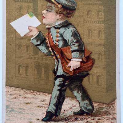 Greeting or advertising card depicting mail man, c. 1880s