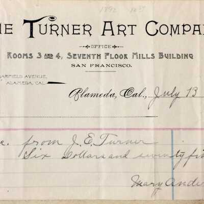 Receipt of J.E. Turner to Mary Anderson, 1890s