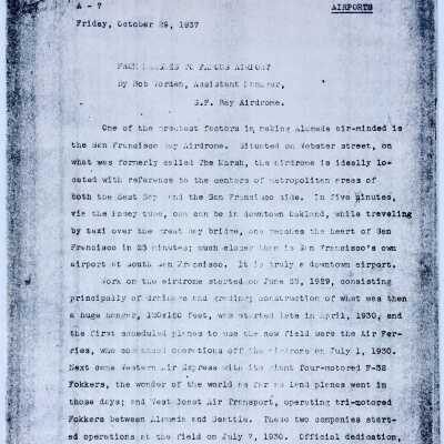 Press Release about the San Francisco Bay Airdrome, 1937