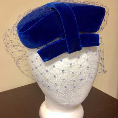 Mrs. Calpestri Craig's Blue velvet cloche hat from Florence in box, 1960