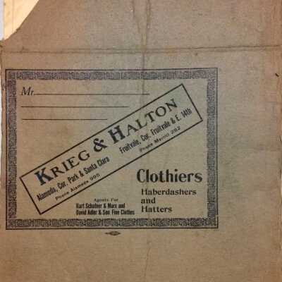 Music cover made from a box advertising Krieg & Halton Clothiers, c. early 1900s