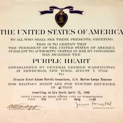 Document posthumously awarding Purple Heart medal, 1945
