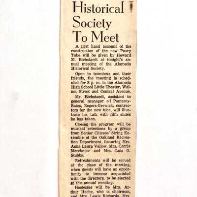 Clipping about talk about the Webster Street Tube, by H. M. Eichstaedt, 1963