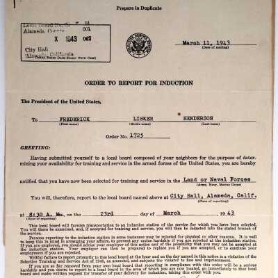Printed Orders and papers for induction, WW II, c. 1943