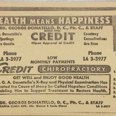 Advertising postcard from Dr. George Donatello, Chirpractor, 1958