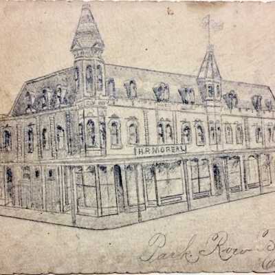 Pencil drawing of Park Row business building, c. 1896