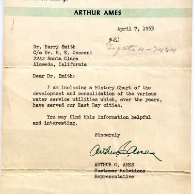 Letter to from Arthur Ames about water service utilities chart, 1953