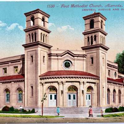 Postcard main facade First Methodist Church, c. early 1900s