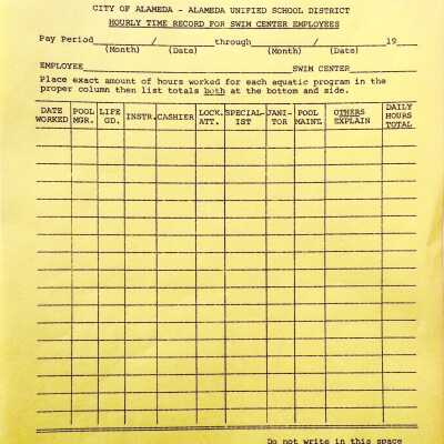 Time Sheet for Recording Daily Hours as Swim Center employee, 1966
