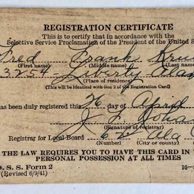 Selective Service Registration Certificate of Fred Frank Krueger, 1942