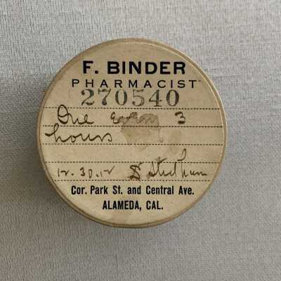 Black Cardboard Pill Box from F. Binder Pharmacist with instructions by Dr. Stedhem, 1912