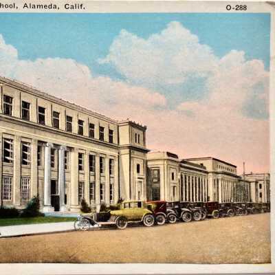 Lithograph Postcard main facade Alameda High School, late 1920s