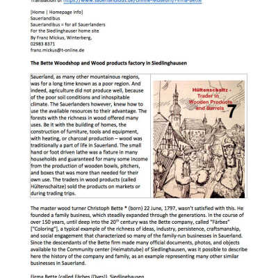 Printed translation of website about the woodworker's family of Frank Bette, 2020