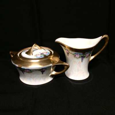 Porcelain creamer and sugar bowl with roses, Jorgensen, c. 1930
