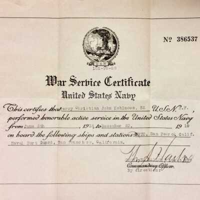 War Service Certificate of Percy Kohlmoos, 1918