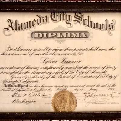 Washington School Grammar School Diploma of Sylvia Zanaria, 1925