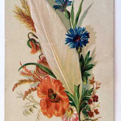 Greeting card depicting feather and flowers, 1872