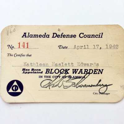Alameda Defense Council Block Warden Identification Card, April 1942