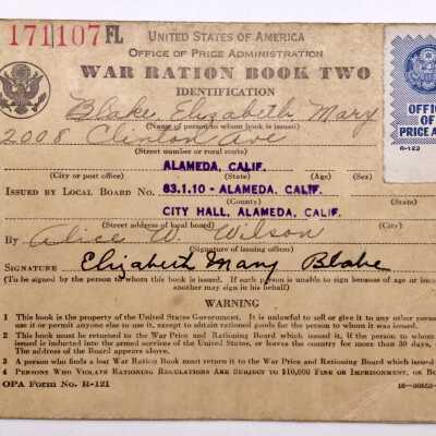 Coverlet of War Ration Stamp book two issued to Elizabeth Mary Blake, 1941-1945