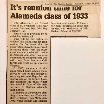 Clipping about 8th Class of 1933 Reunion luncheon, 1998