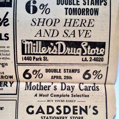 Detail of Reverse: Advertisements for Miller's Drug Store, 1440 Park St. and Gadsden's Stationery Store, 1435 Park Street