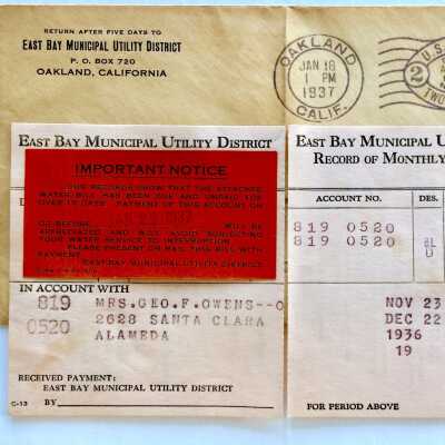 Bill and envelope from East Bay Municipal District, 1937