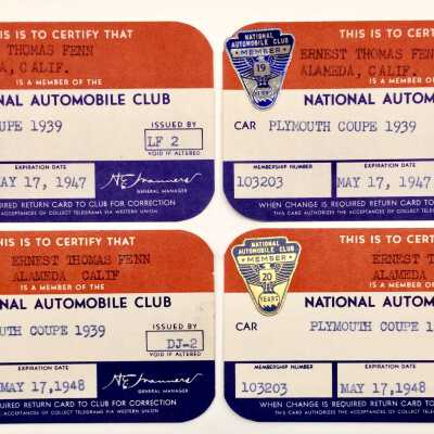 Membership cards to the National Automobile Club of E. T. Fenn, 1947, 1948