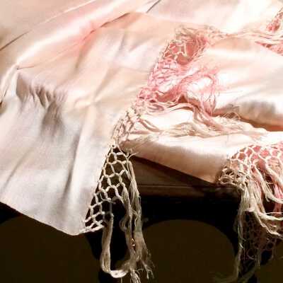 Champagne silk shawl with pastel pink and blue stripes, before 1930