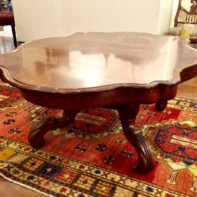 Walnut pedestal turtle top table, cut down to coffee table height, 1860-1870s