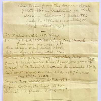 Inventory of coins found in Waterworks Building cornerstone box, 1955