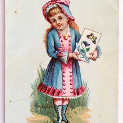 New Year's Greeting card depicting child in elaborate dress and bonnet, c. 1880s