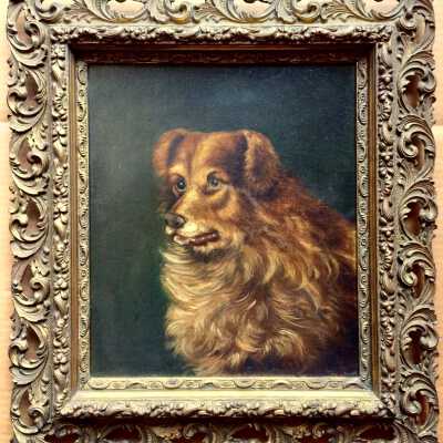 Oil painting of a dog, by Hattie McDonell, late 19th century