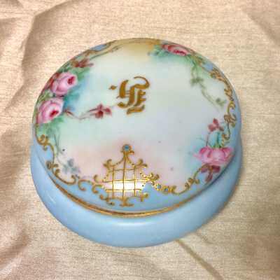 Porcelain blank powder jar painted by Elizabeth H. Thomas, c. early 1900s