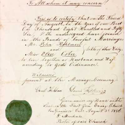 Certificate of Marriage of John Kohlmoos to Elise Oster, 1856