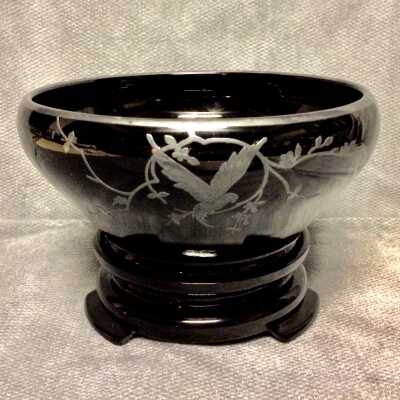 Rockwell glass 3-piece silver on black glass console set, c. 1920s-1930s