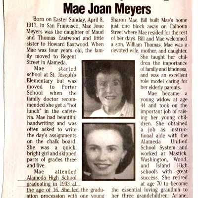 Clippings of Obituary of Mae Joan Meyers (nee Eastwood), 2016