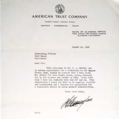 Letter of Recommendation for entry in U.S. Army for Gustaf Ekberg, by K.R. Cunningham, 1942