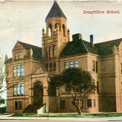 Postcard depicting main facade Longfellow School, c. 1909