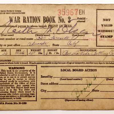 War Ration book No. 3 issued to Keith Otzen, 1941-1945