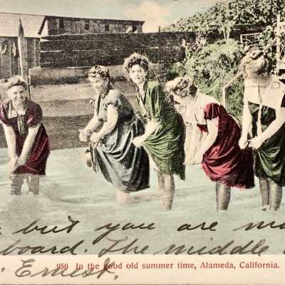 Hand-colored Photo postcard bathing girls 'In the good old summer time', c. 1909