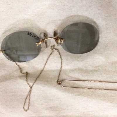 Pince-nez eyeglasses with chain and hairpin in case, from A. O. Gott, early 1900s