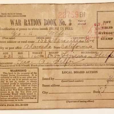 War Ration Book No. 3, No. 22759, Ca. 1941-1945