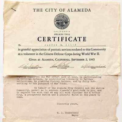 Civil Defense Certificate and letter, 1945