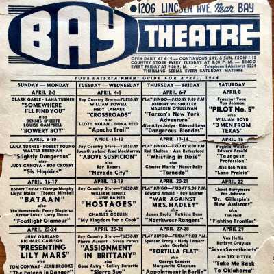 Program coming attractions at the Bay Theater, c. early 1940s