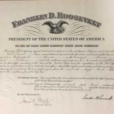 Certificate Appointment Ford Samuel as Post Master, 1940