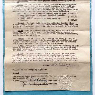Contract for construction of a sloop for Gustaf A. Ekberg, 1937